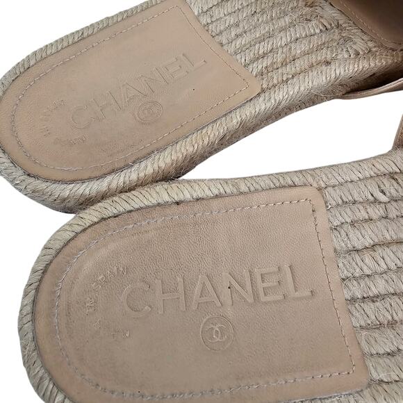 Chanel CC Pearl Espadrille Slide Flat Sandal Size 39 US 8 8.5 Beige Tan Slip On - Picture 6 of 9